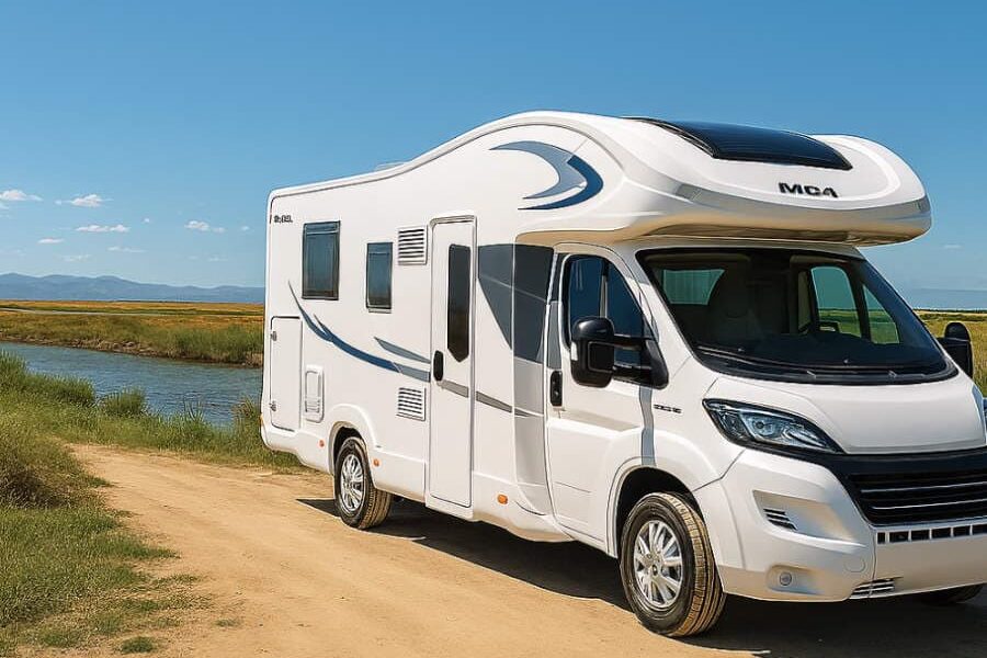 Autocaravana de Autocaravaners aparcada en camino rural junto al Ebro